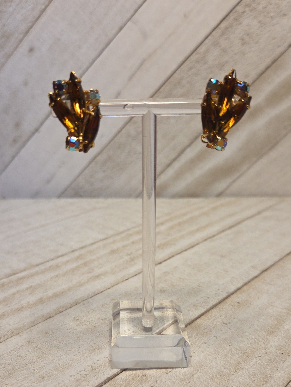 Vintage Amber And AB Shiny Coloured Stones Faux Gold Clip On Earrings